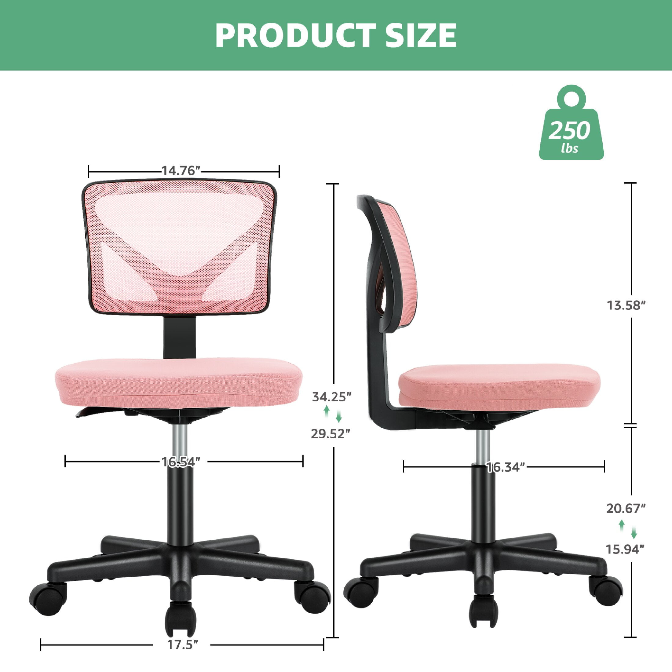 CONCETTA Armless Office Computer Desk Chair, Ergonomic Low-Back Mesh Rolling Work Swivel Chairs with Wheels, Pink