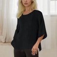 thumbnail image 5 of Tops for Women Clearance under $5 Cotton Linen Round Neck Shirt Solid Casual T-shirt Black XXL, 5 of 6