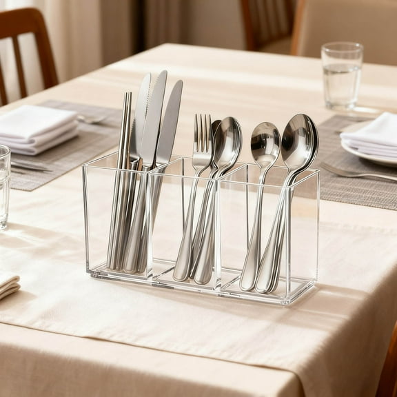 3-Section Acrylic Cutlery Organizer - Clear Utensil Storage Caddy for Kitchen Countertop, Holds Forks/Knives/Spoons