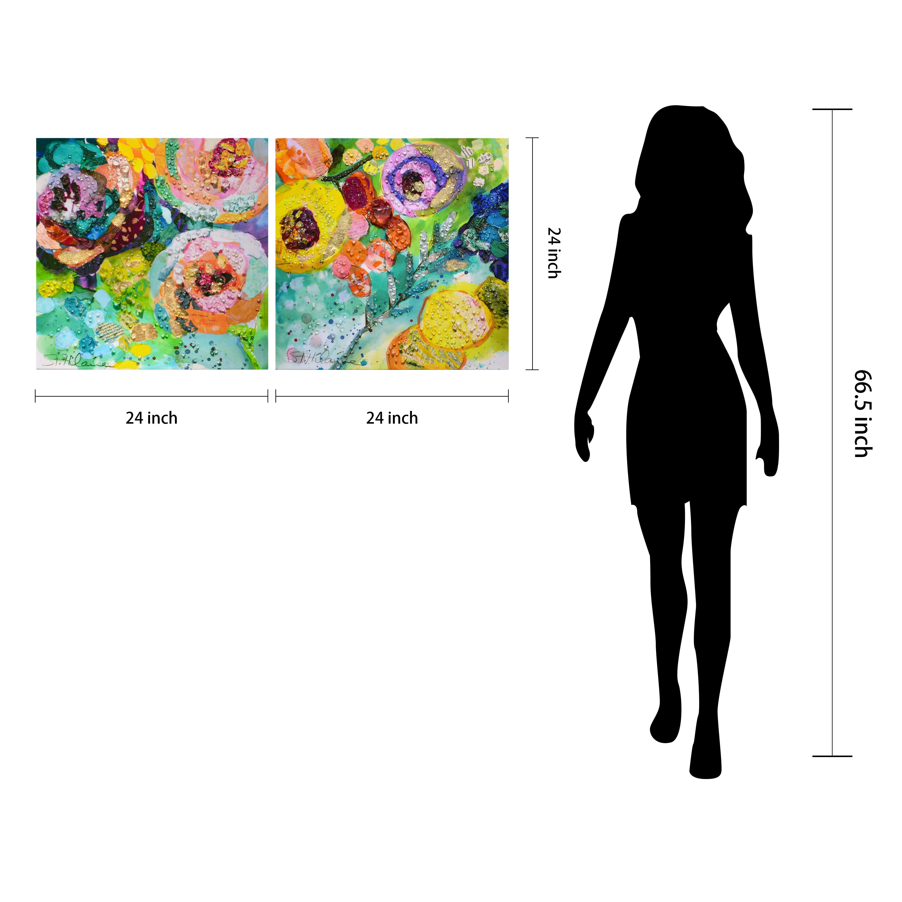 "Floral Radiance I & II" Crystallus Epoxy Coated Wrapped Glossy Canvas Wall Art with Heavy Acrylic Crystal Shards Embellishments, Gold Foil Accents