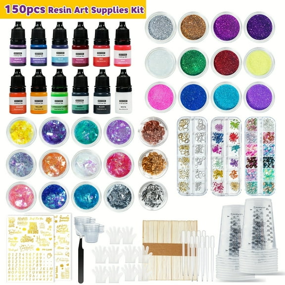 JANCHUN 150pcs Epoxy Resin Supplies Kit, Includes Mica Powder, Glitter, Golden, Silvery And Copper Foil Powder, Colour Ink, Measuring Cup, Gloves, Stirring Rod, Tweezer, Blessing Stickers