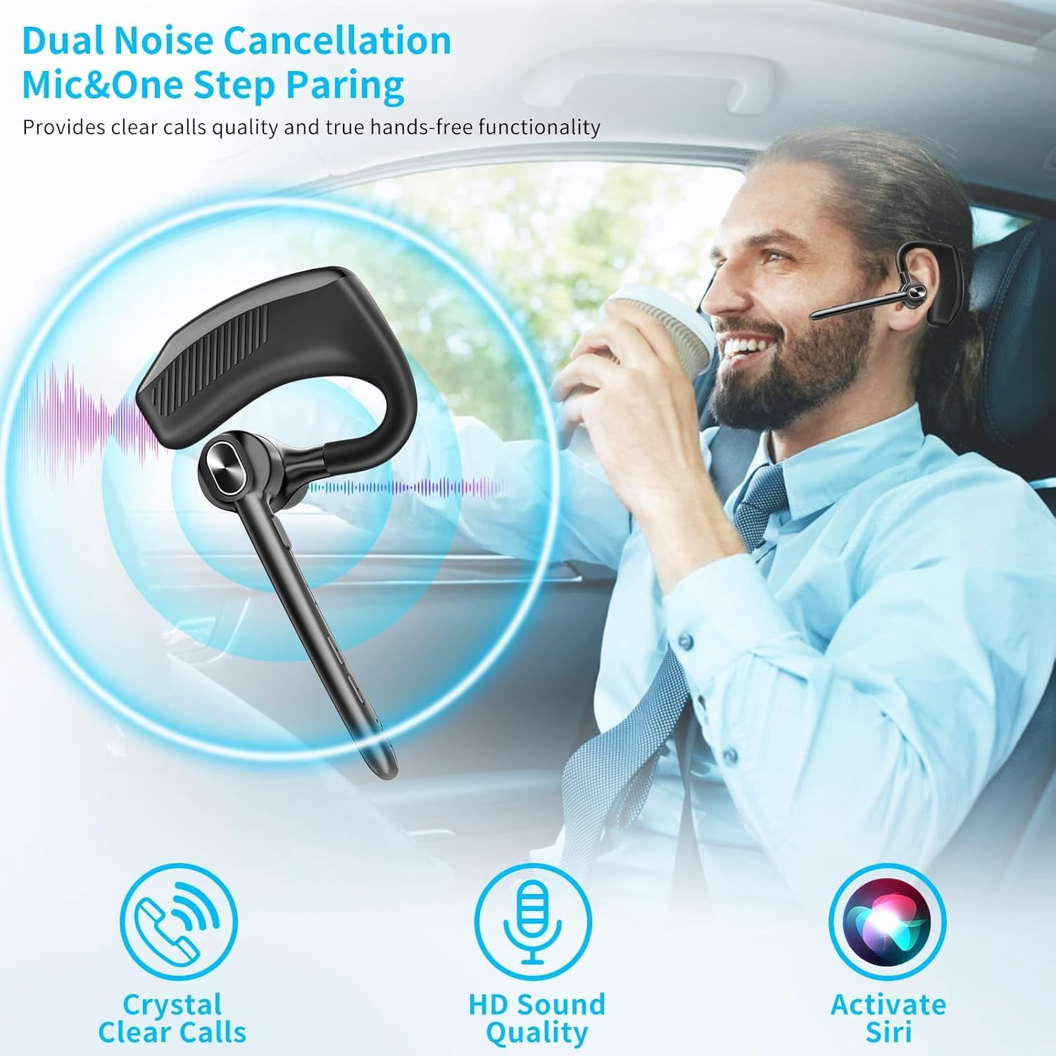 Bluetooth Single Ear Headset, 180H Playtime, 1000mAh Wireless Charging Case, LED Display, Handsfree Mic for Phone PC, Trucker & Daily Use