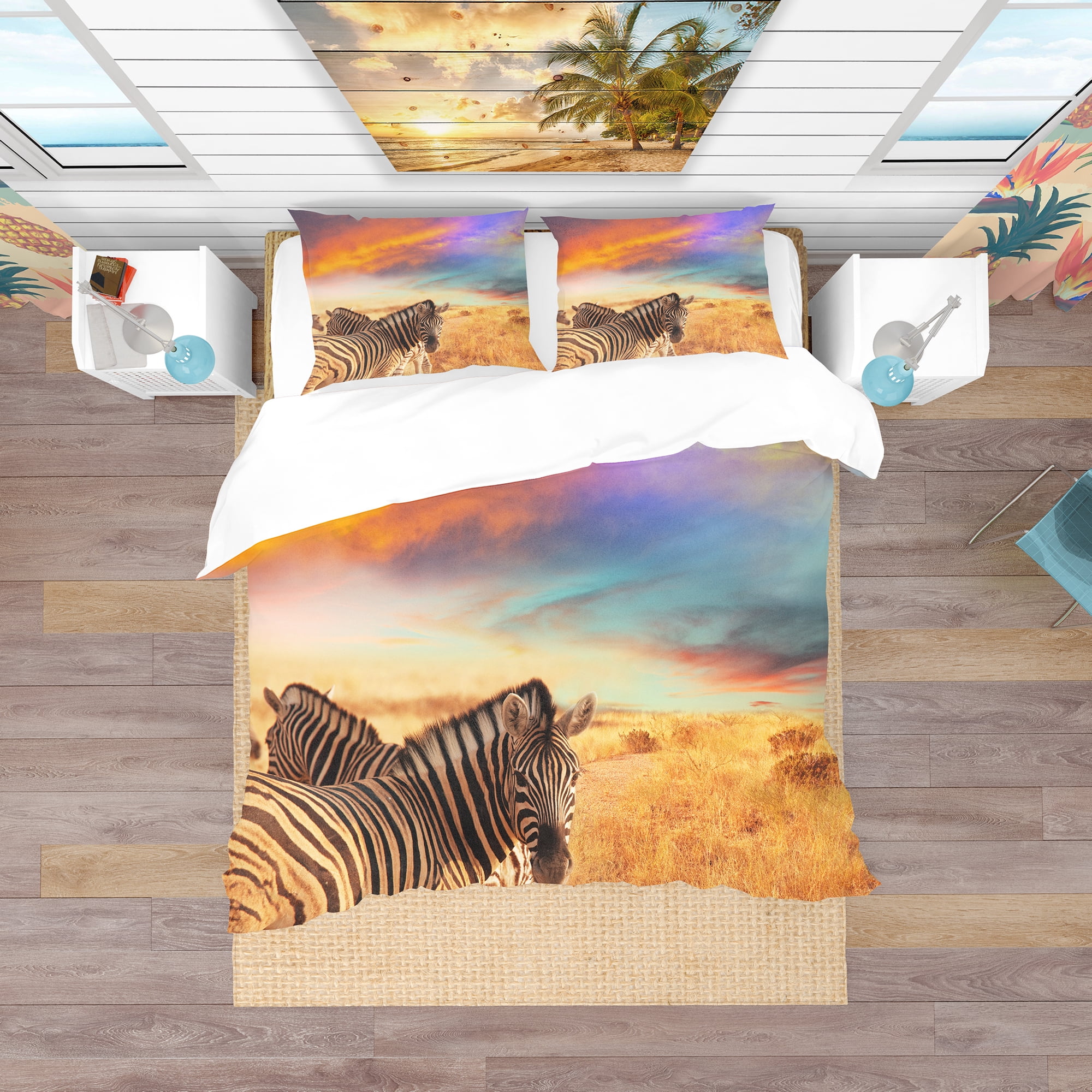 Designart 'Zebras in Bush Under Colorful Sky' Tropical Duvet Cover Set