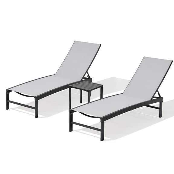 Pellebant 3‑Piece Outdoor Chaise Lounge Set, 2 Adjustable Recliners Side Table, All‑Weather Pool & Patio Sun Loungers, (Light Gray)