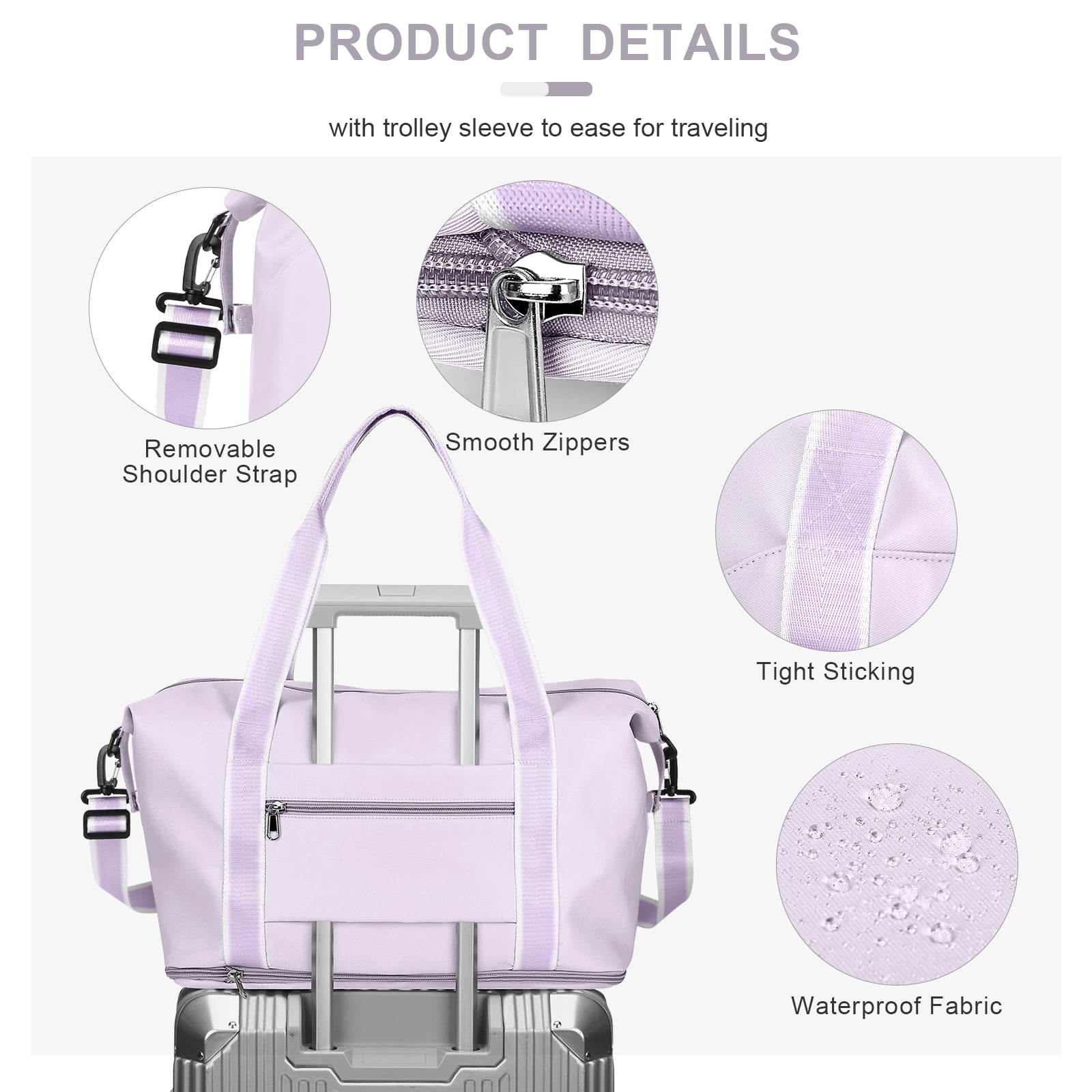 Travel Bag, Waterproof Duffel Gym Tote Bag, Weekender Carry On Overnight Bags for Women Men Approved Personal Item Bag for Airlines with Trolley Sleeve, Travel Duffel Bags, Purple White