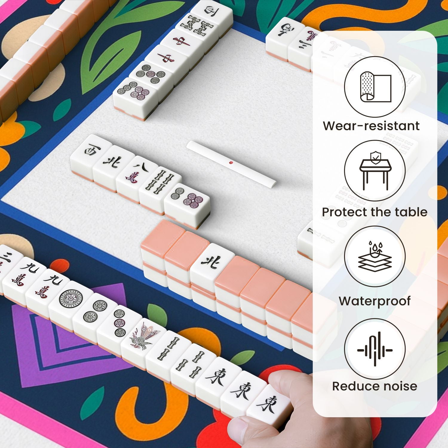 Mahjong Mat 31.5" x 31.5" Colorful Floral Frame Bold Patterns Bright Flowers Anti-Slip and Noise Reduction Symmetry Design Mahjong Tiles Table Cover for Dominoes Poker Card Board and Tile Games