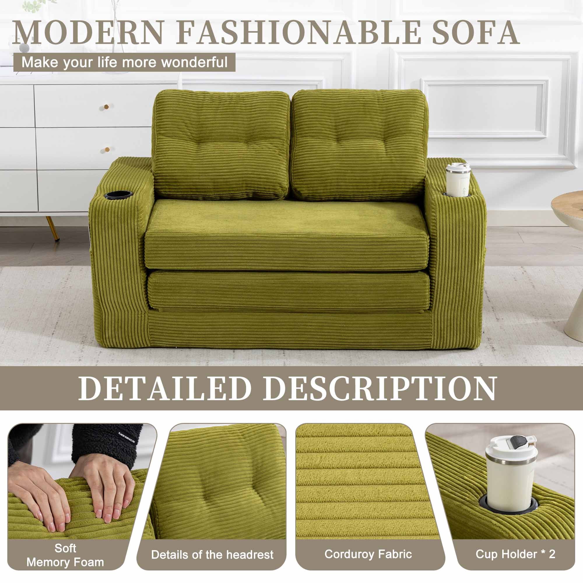 Lunale 54" Convertible Sofa Bed, Small Boneless Cloud Couch with Cup Holders, No Assembly Required, Corduroy Floor Sleeper Sofa, Green