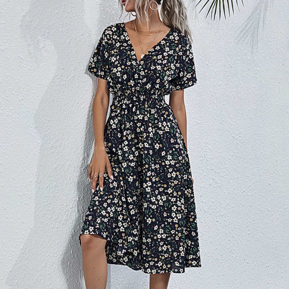CEHVOM Robe d'Été Décontractée pour Femme à Manches Courtes, Col en V, Florale, Coupe Ajustée
