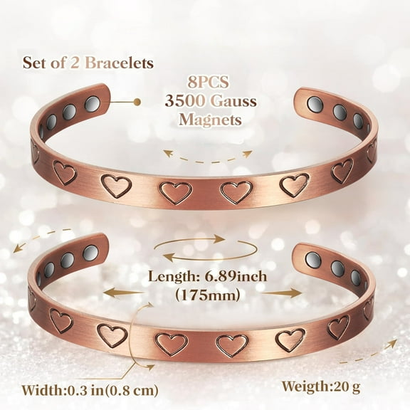 Wollet Heart Copper Magnetic Bracelets Set for Women, Adjustable Cuff Copper Jewelry