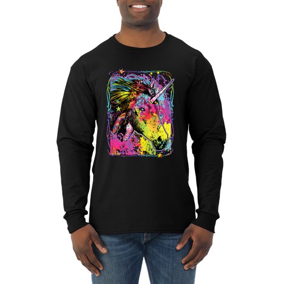 Wild Bobby, Colorful Rainbow Unicorn Animal Lover Mens Long Sleeve Shirt, Black, Small