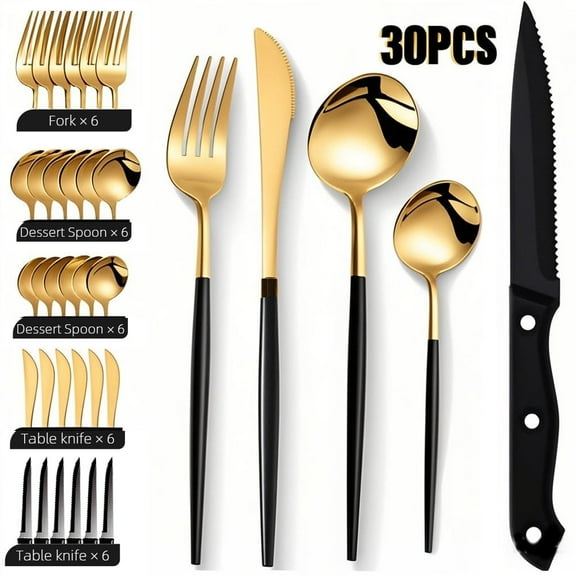 Silverware Set wih Steak Knives Service for 6,30-Piece Stainless Steel Gold Forks and Spoons Knives Set Utensils Flatware Cutlery Set Kitchen Accessories