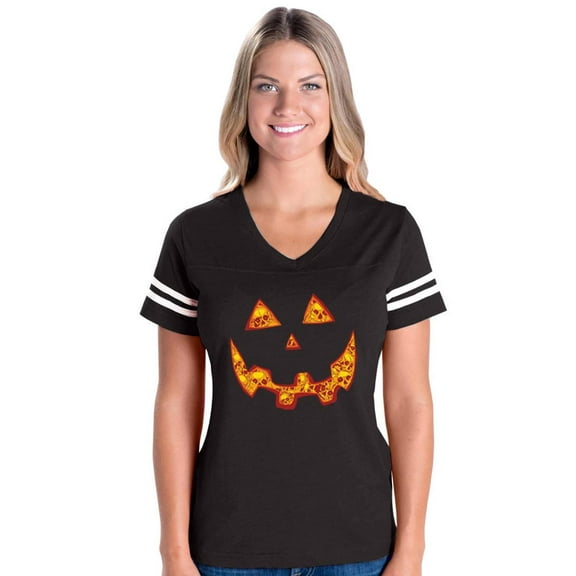 Womens Halloween Costume Pumpkin Face Football V-Neck T-Shirt