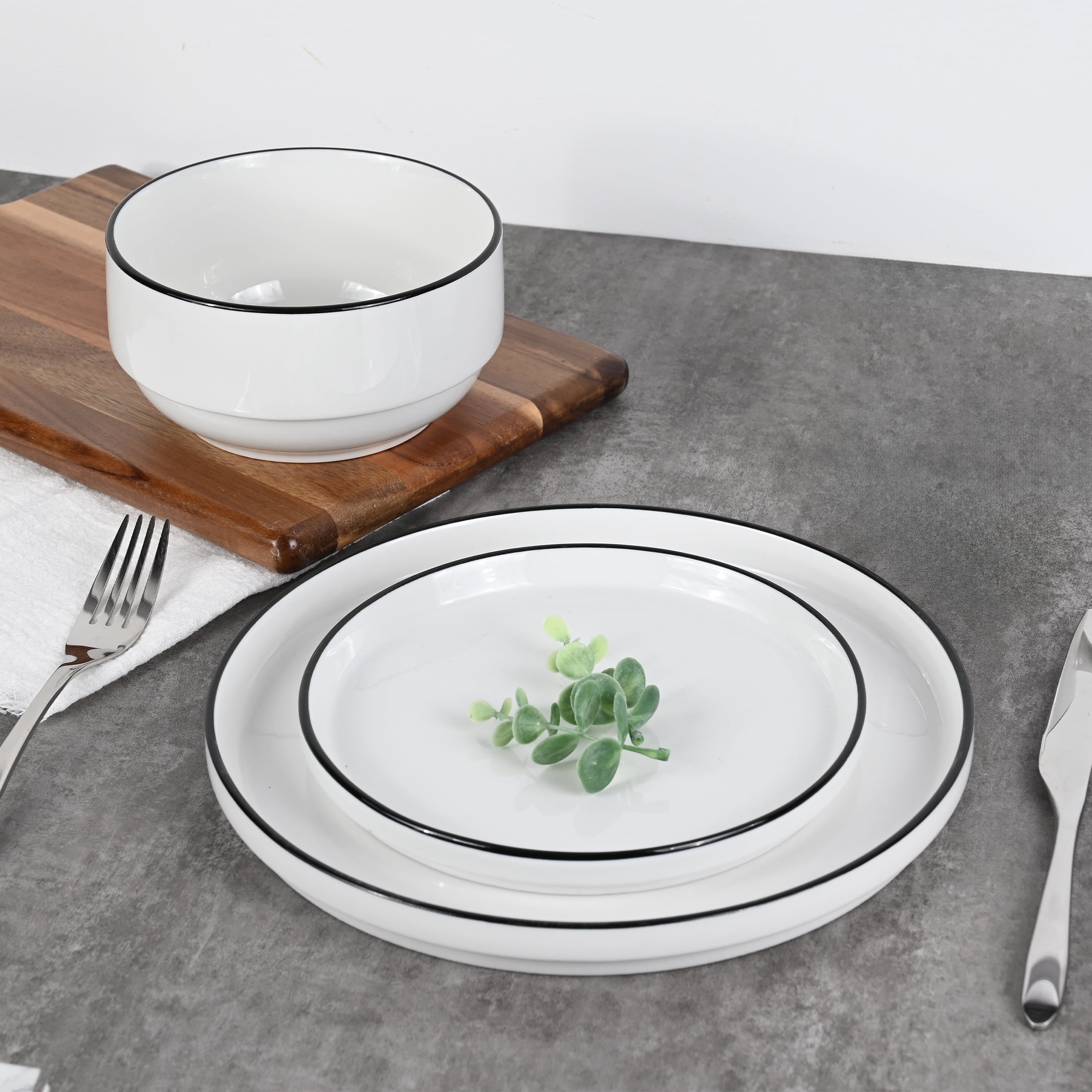 Mainstays Black rim 12-Piece Stoneware Dinnerware Set