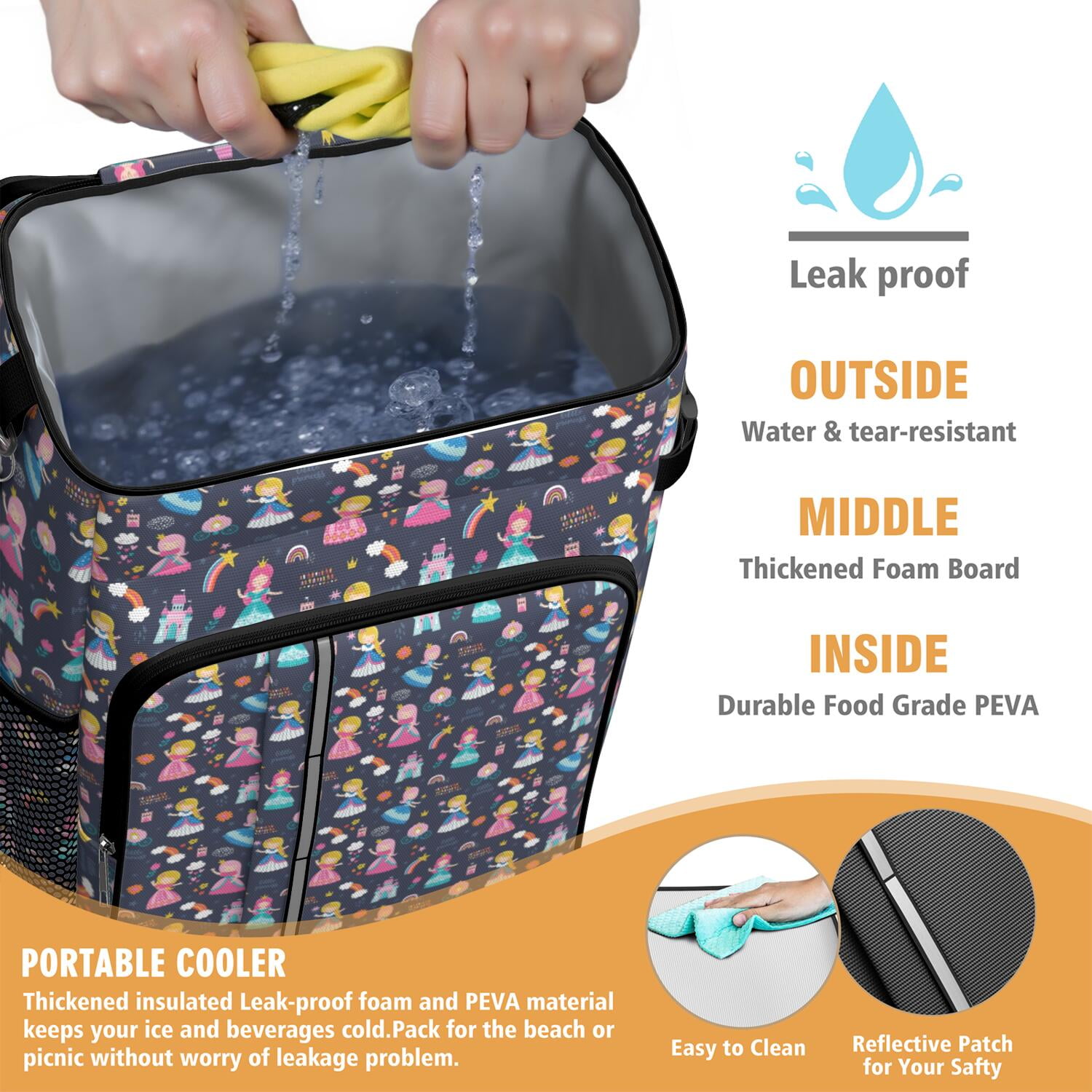 Travel Cooler Bag - Dark Blue Little Princess Pattern Camping Beer Cooler Backpack with Bottle Opener- Waterproof Insulated Picnic Backpacks - Cooler Bag for Beach