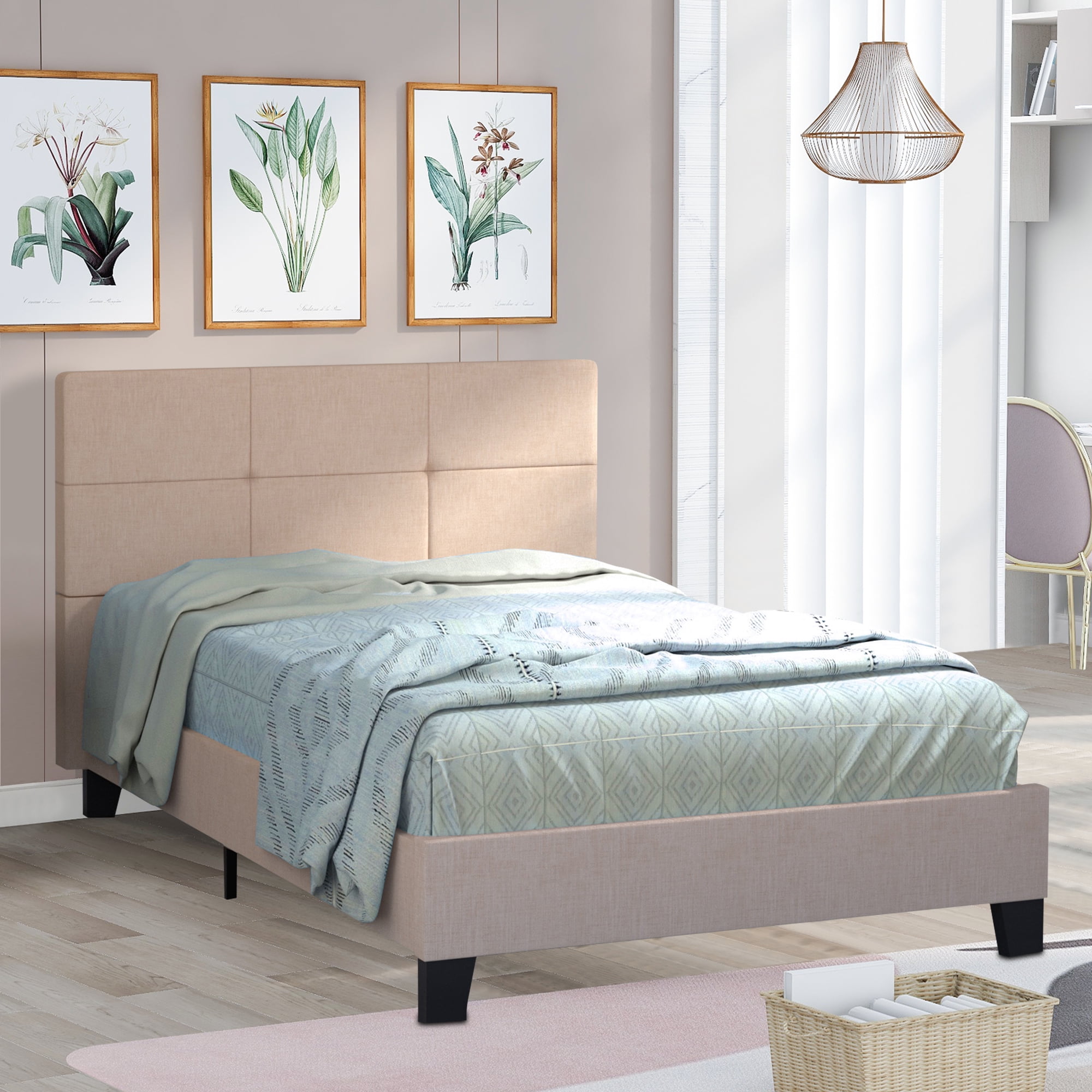 Upholstered Twin Bed, Beige Linen Upholstered Platform Bed Frame with
