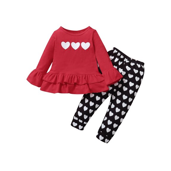 Toddler Baby Girl Valentine's Day Clothing Set Ruffle Tunic Pullover Top Patchwork Long Pants Set Little Girls Heart Print Outfits