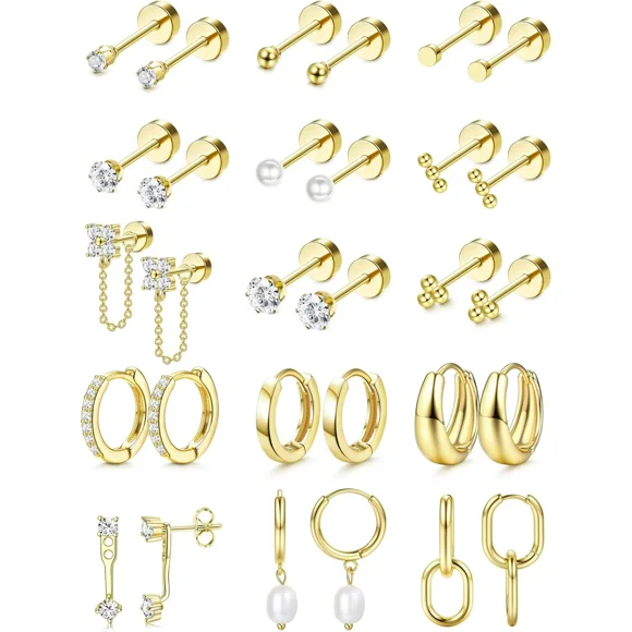 Flat Back Earrings for Women Hypoallergenic Surgical Steel Earrings for Sensitive Ears-20G Cartilage Earring Stacks Gold Hoops Flatback Stud Earring Sets for Multiple Piercing 14K Gold Plated 14K
