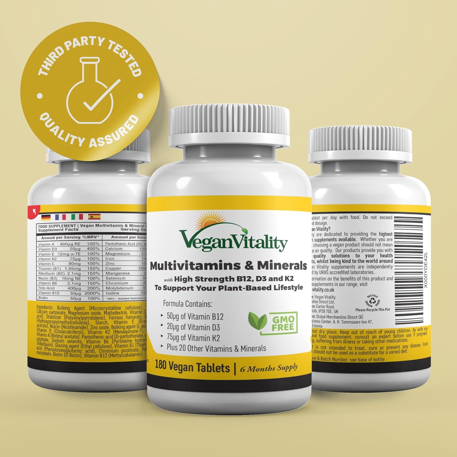 Vegan Multivitamins & Minerals for Women and Men with High Strength Vitamin B12, D3 & K2. 6 Months Supply
