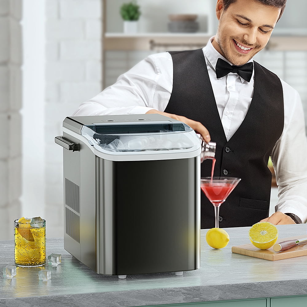 Portable Self Cleaning Countertop Ice Maker Machine, 6 Mins/9 Pcs, 26.5lbs/24Hrs, 2 Sizes of Bullet Ice, Ideal for Kitchen, Office, and Parties, Stainless Steel Black Ice Maker with Scoop and Basket
