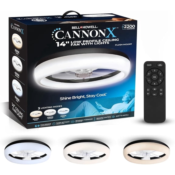 CannonX 14” Low Profile Ceiling Fans with Lights and Remote, Modern Fandelier Ceiling Fan with Light, 6 Speeds, 3 Lighting Modes 3500K-5500K, Flush Mount for Bedroom, LED 2200 Lumens