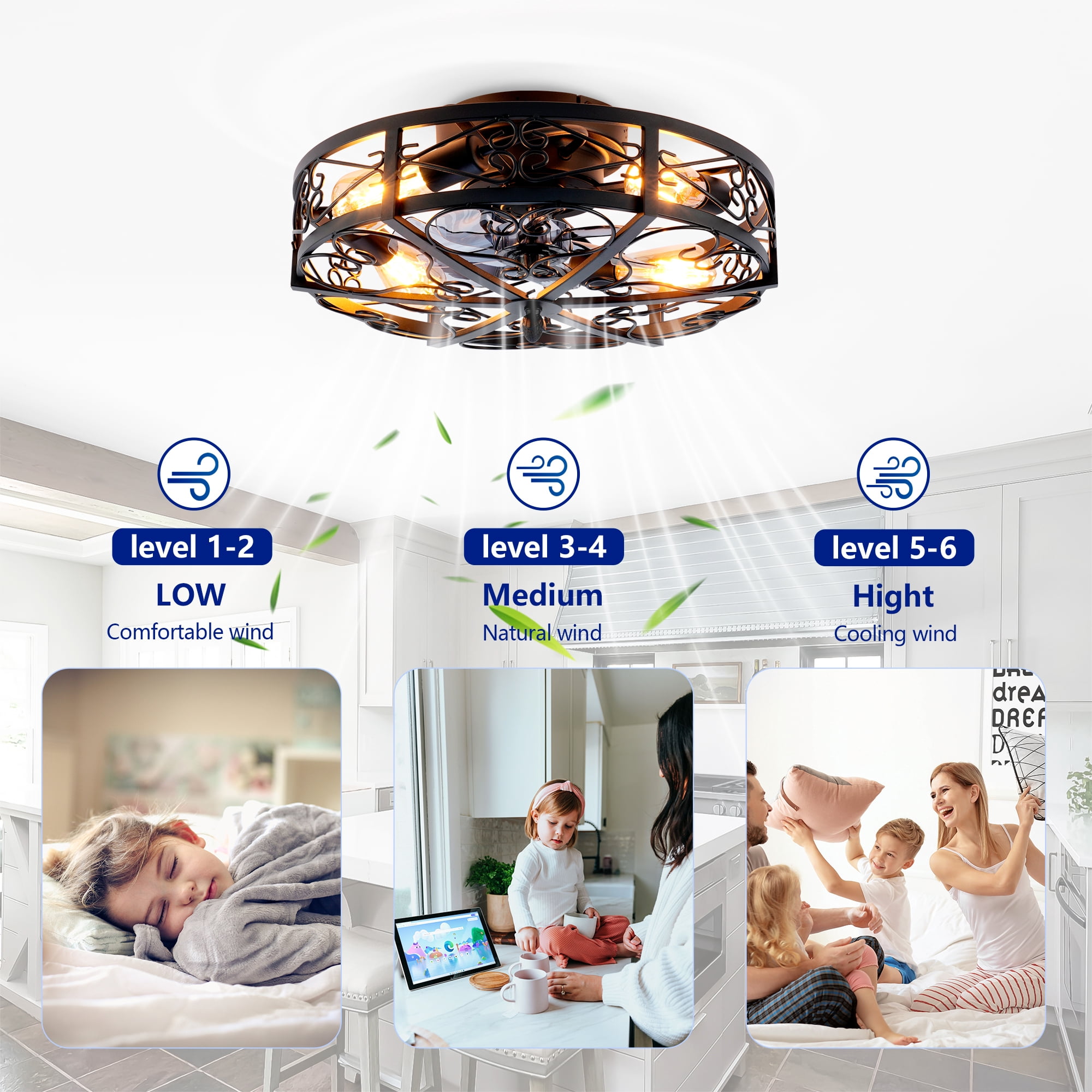Leumius 20" Black Flush Mount Ceiling Fan with Light, Reversible Motor and DC Remote Control,6 Speed Ceiling Fan,Timing for Living Room Bedroom Dining Room(NOT Included Bulbs)