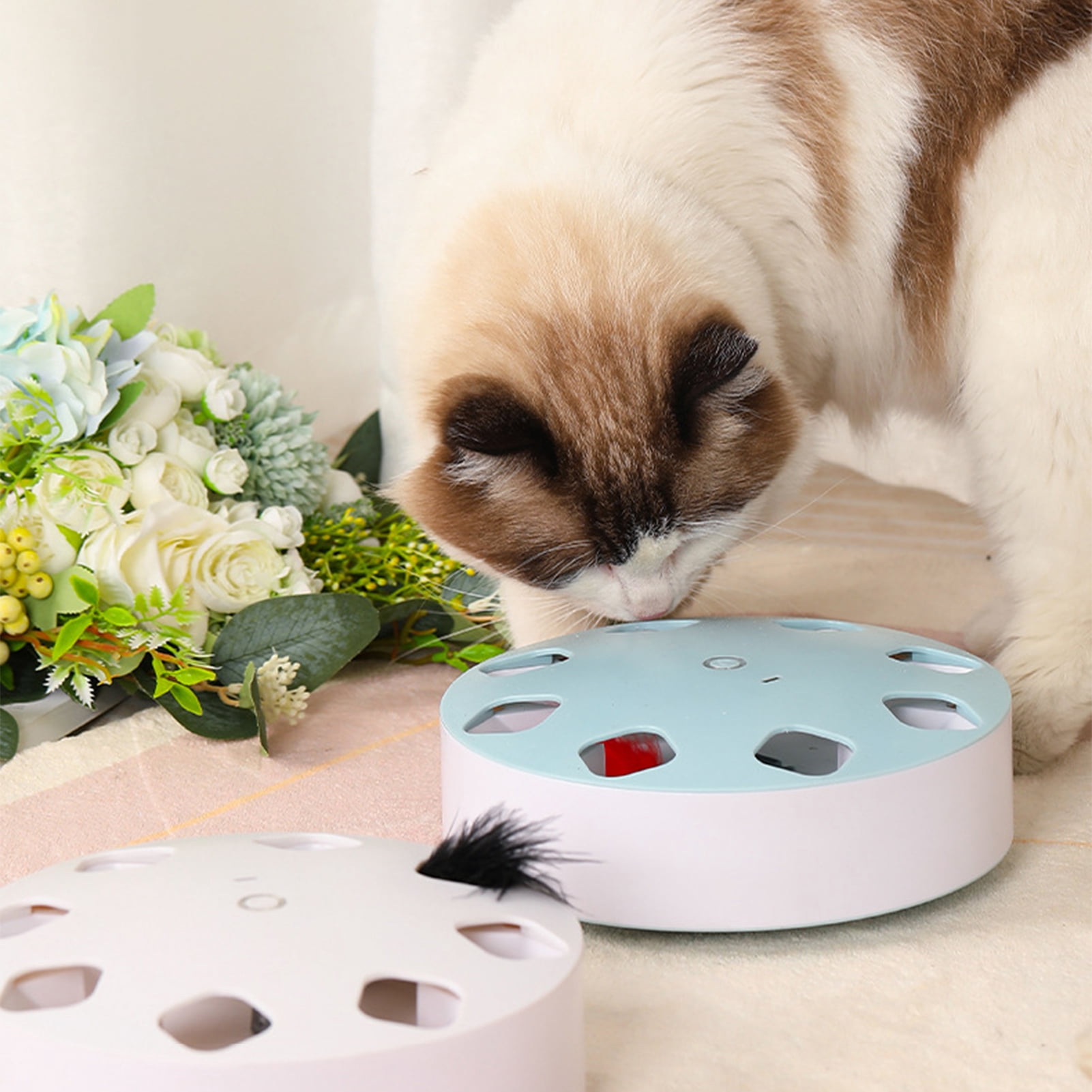 opvise Electric Cat Toy 8 Holes Design Replaceable Feather Intelligent Bite Resistant Automatic On/Off Relieve Boredom ABS Indoor Electric Smart Pet Cat Teaser Toy Blue