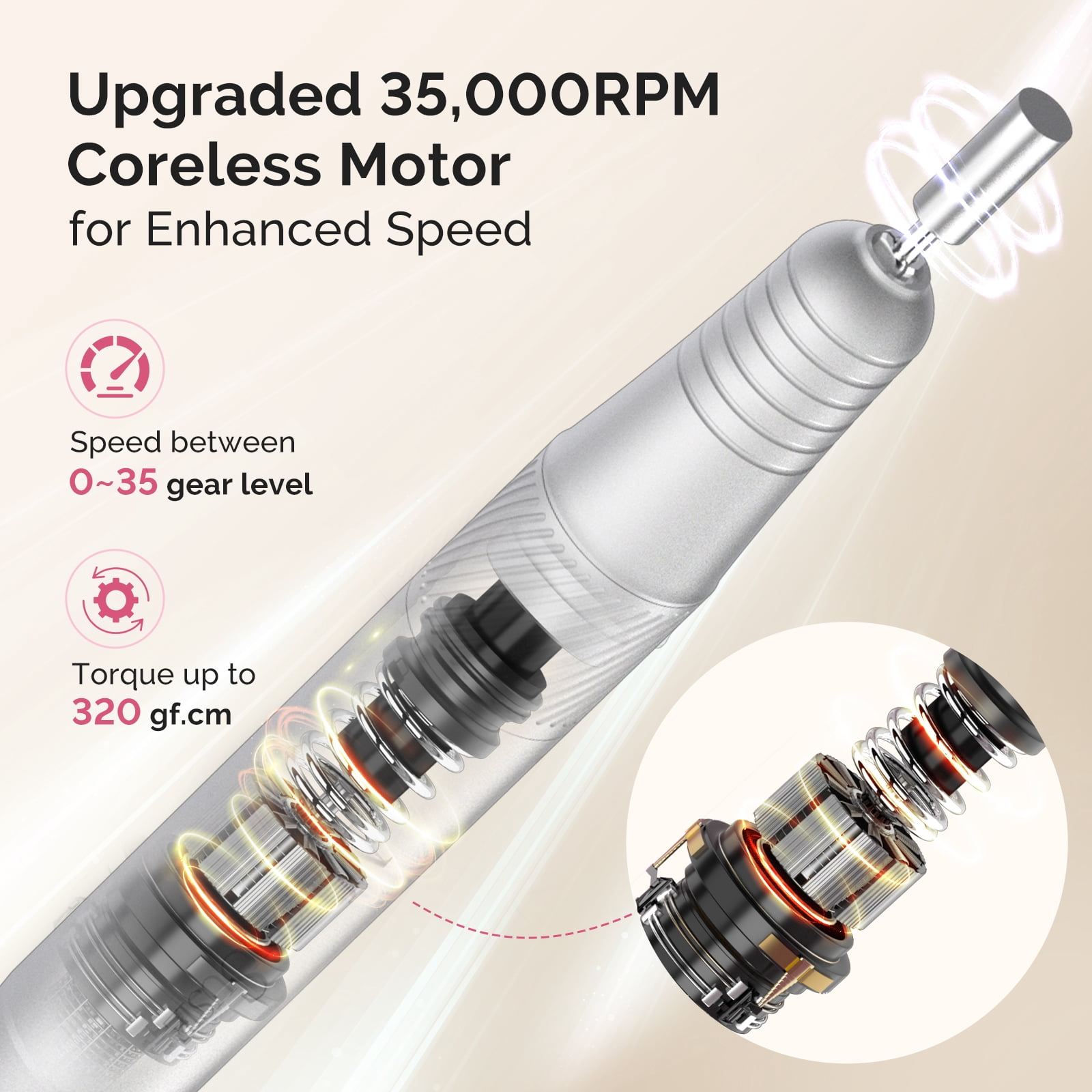 MelodySusie Upgraded Clip-On Cordless 2-in-1 Nail Drill with Tilted Display Design, SM320GW 35000RPM High-Efficiency E-File, White