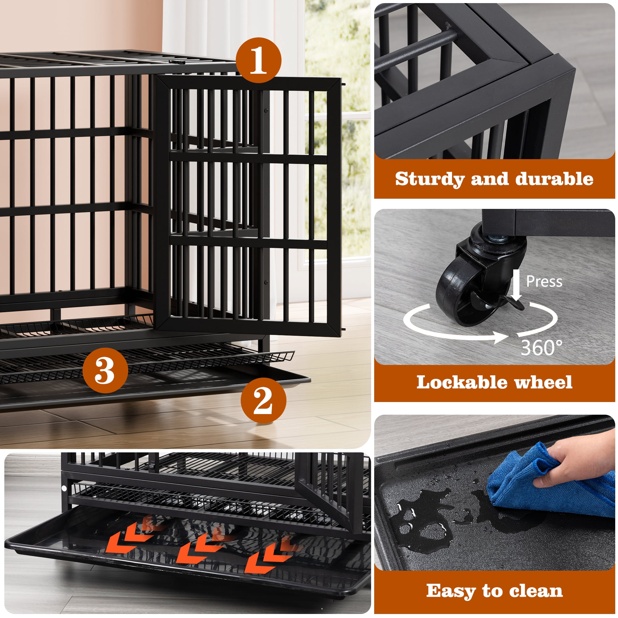 48" Heavy Duty Stainless Steel Dog Cage with Double Doors Divider Panel & Removable Tray for Indoor Outdoor Black