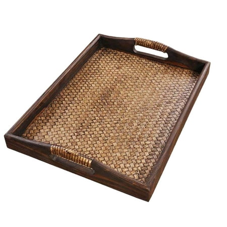 

Etereauty Tray Tea Servingbreakfast Platter Wooden Board Gongfuchinese Fast Wood Rattan Vintage Handlecoffee Table Fruit