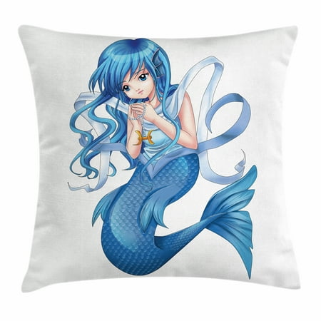 Anime Throw Pillow Cushion Cover, Manga Cartoon Style Character of a Pisces Girl Horoscope Zodiac Themed Avatar, Decorative Square Accent Pillow Case, 20 X 20 Inches, Blue and White, by
