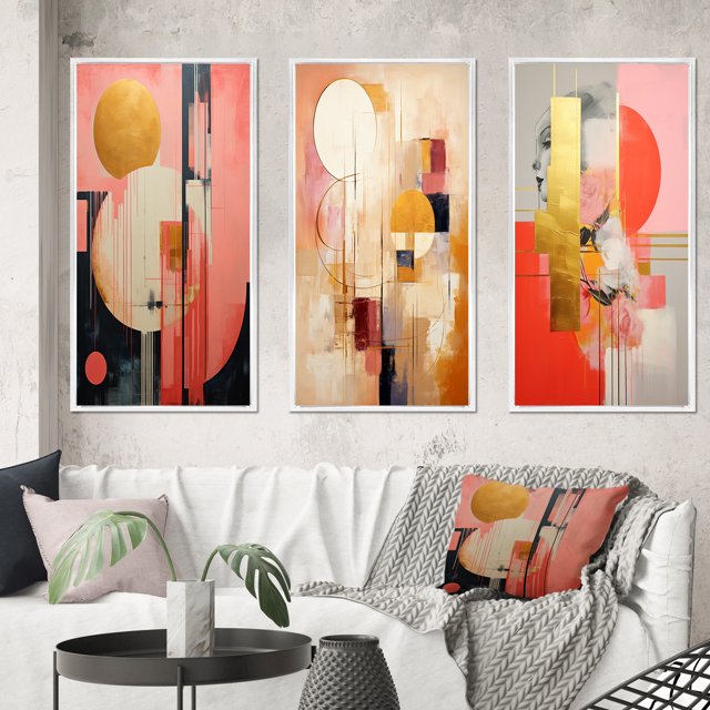 Designart "Serendipitous Circular Geometric Serenity I" Modern Geometric Framed Wall Art Set Of 3 - Gold Abstract Frame Gallery Wall Set For Home Decor