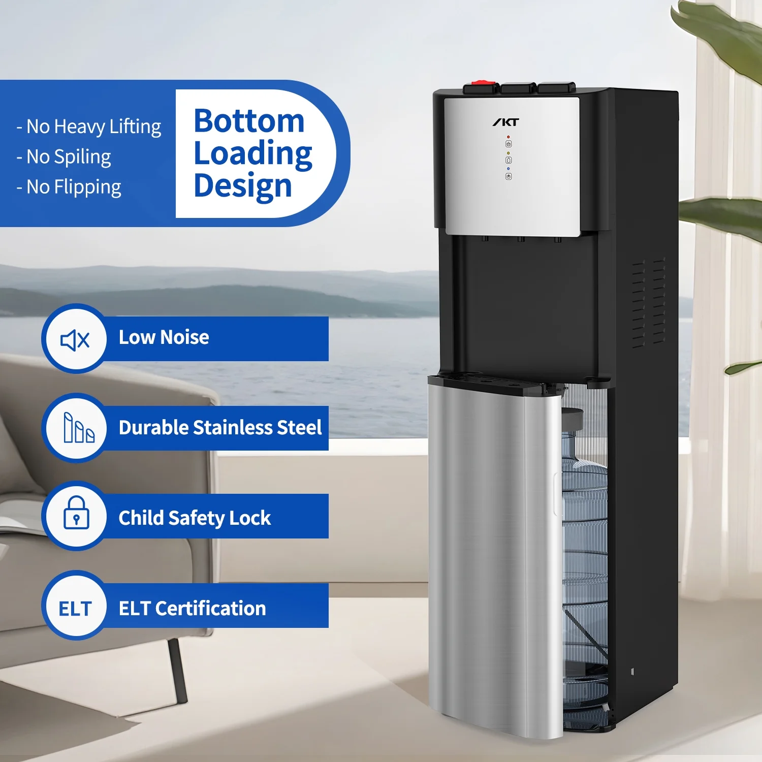 IKT Bottom Load Water Dispenser for 3-5 Gallon Bottle UV Self Cleaning Hot Cold and Room with Child Safety Lock,