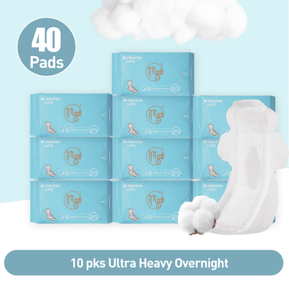 10 Packs/40 Counts Zhuyin Ultra Long Night Pads, Organic Cotton Super Absorbency with Wings for 430mm Night Pads, Unscented, for Extremely Heavy Flow Feminine Pads Bundle