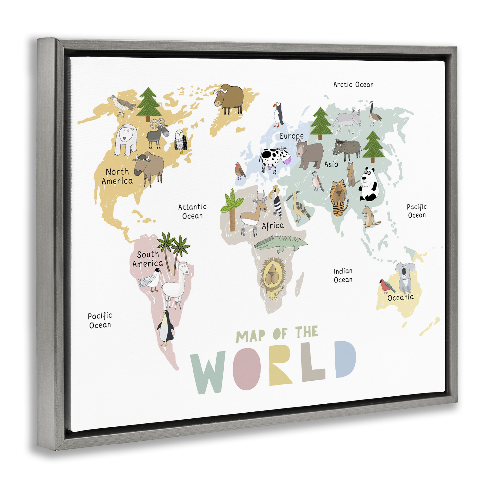 Map Of World Pastel Animals Gray Framed Floater Canvas Wall Art, design by Carla Daly