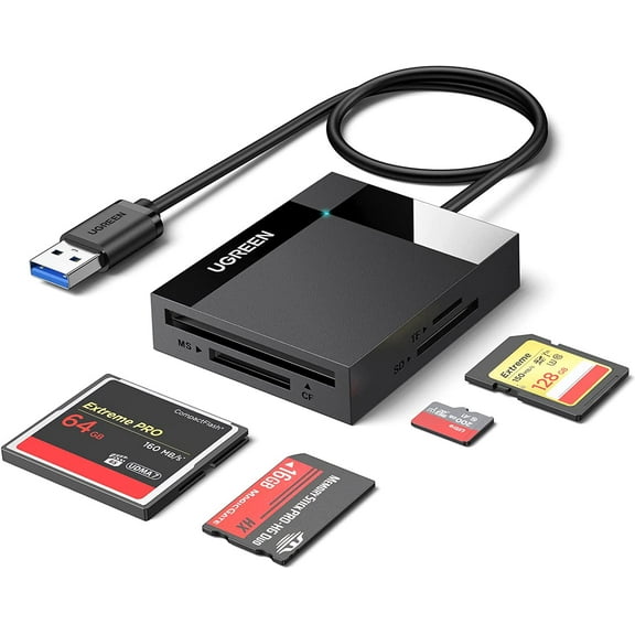 SD Card Reader USB 3.0 Card Hub Adapter 5Gbps Read 4 Cards Simultaneously CF, CFI, TF, SDXC, SDHC, SD, MMC, Micro SDXC, Micro SD, Micro SDHC, MS, UHS-I (Black)