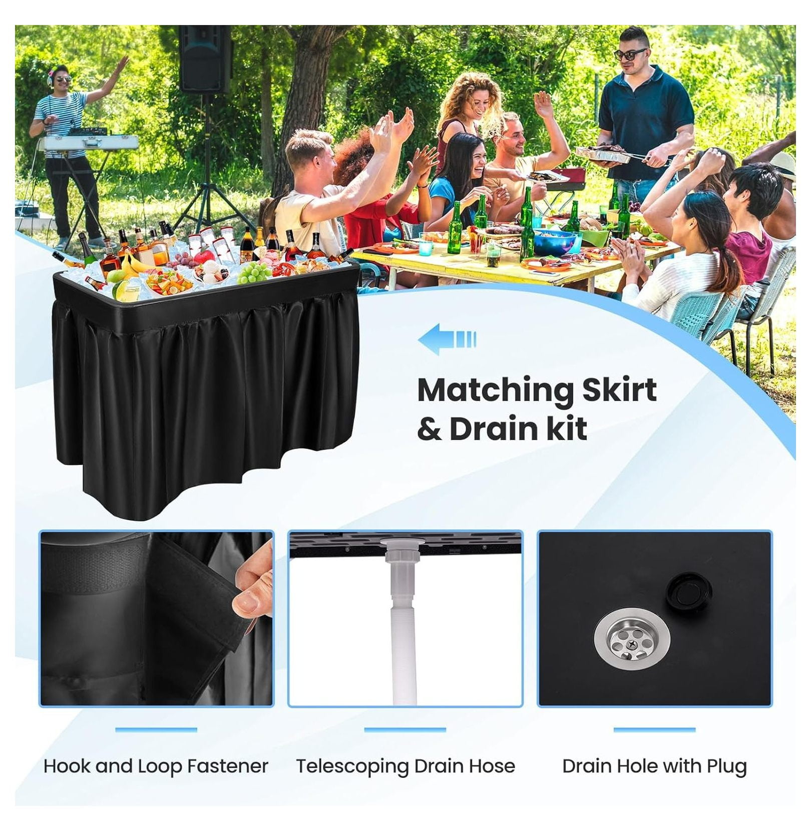 Folding Ice Cooler Table with Matching Skirt, Drain Hose & Bucket, Foldable Beverage Cooler Buffet Cooler Server, Portable Chill Table for Party, Picnic, BBQ, Camping (Black)