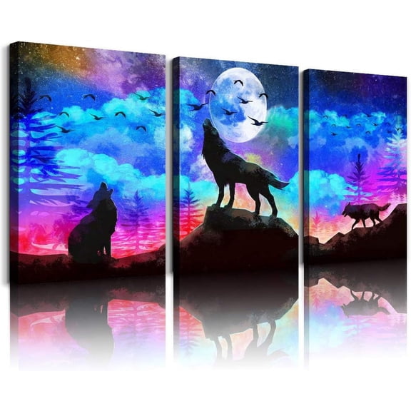 Canvas Wall Art For Living Room Wall Decor For Bedroom Kitchen Canvas Art Prints Artwork Modern Framed Room Home Decorations Blue Starry Sky Landscape Paintings Wolf Office Hang Pictures 3 Pieces
