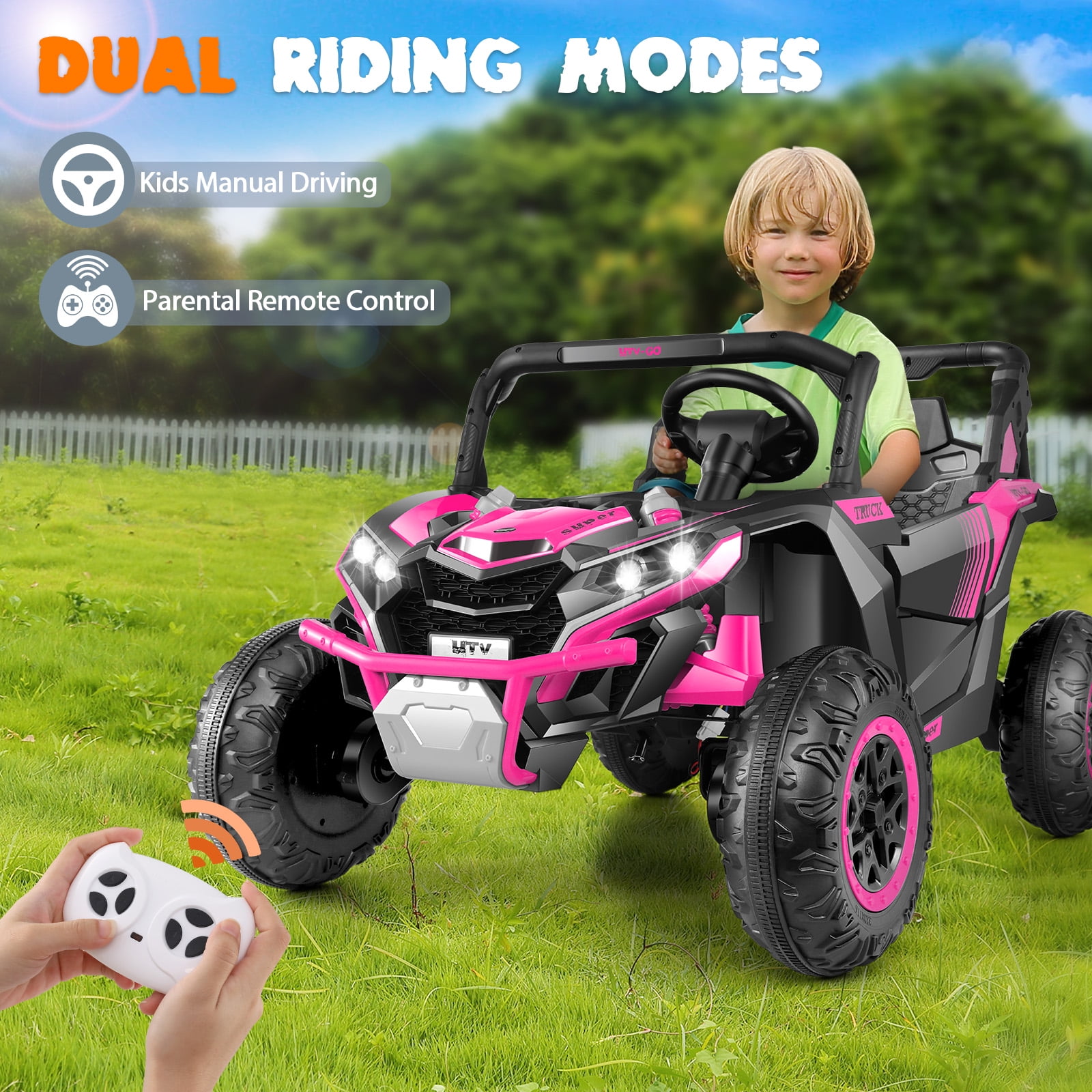 Funcid 24V Ride on Car for Kids, 2WD/4WD Switchable Ride on Car with Remote Control, 2 Seater Ride on Toys, UTV, Bluetooth, Music, LED Lights, Storage Space