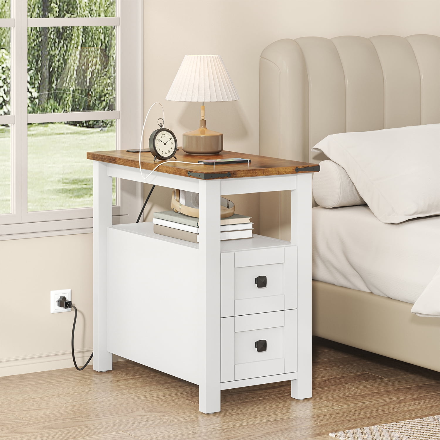 Frmobepts End Table with Charging Station, Farmhouse Rustic Wood Side Table for Living Room, Bedroom, White