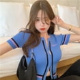 thumbnail image 4 of Guardurnaity Camiseta de punto Mujer Top de manga corta 2 cremalleras Abrigo causal corto delgado, Negro Prendas para la parte del cuerpo Azul, 4 of 6