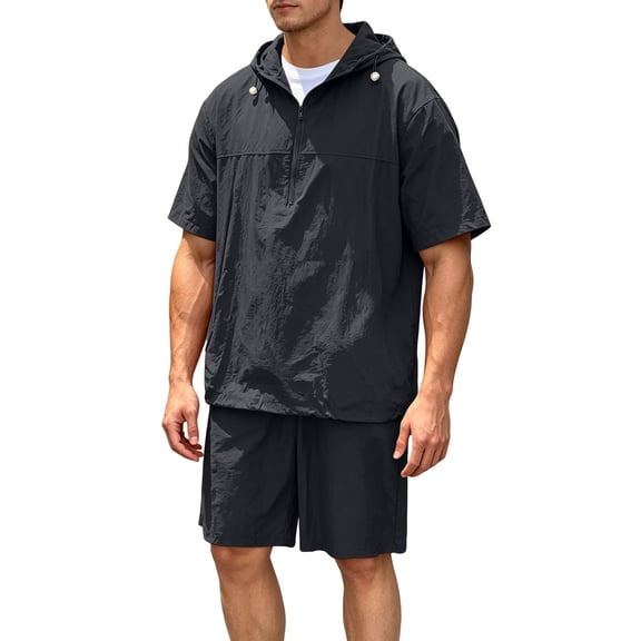Stamzod Men's Tracksuits Summer Solid Color Sun Protection Long Sleeve Fishing Shirts and Shorts Sets 2 Piece Outdoor Travel Camping Sun Hoodie Outfits for Men
