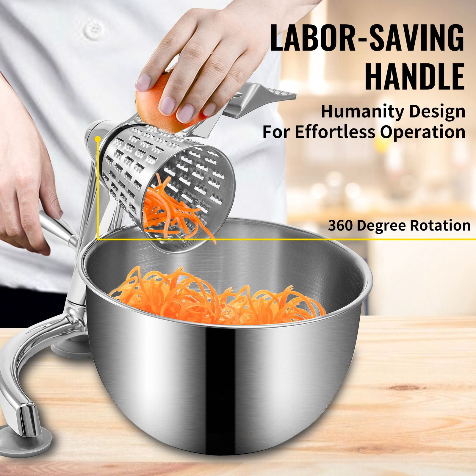Rotary Cheese Grater with 5 Cutting Cones, 304 Stainless Steel, Suction Cup Base, 2.5L Bowl, for Vegetables Cheese Fruits
