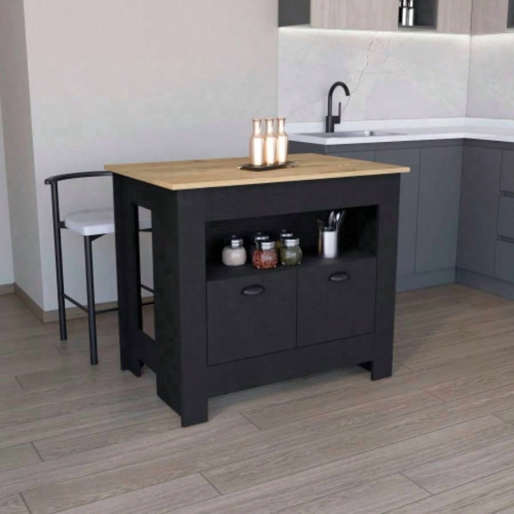 35 Inch High Kitchen Island, 2 Closed Doors & 3 Interior Shelves, Black & Macadamia Finish, Spacious Storage