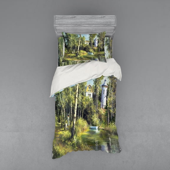 Ambesonne Nature Bedding Set 3 Pcs, House in Forest, Twin, Green