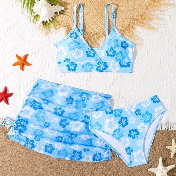 Swimsuit for Girls Girl's Leaf Flower Casual Printed Two Piece Bikini Set with Skirt Girls Bathing Suits Blue 7-8 Years