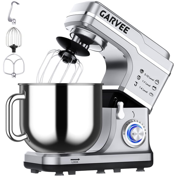 7.5 Qt 3-IN-1 Stand Mixer, 10 Speeds Countertop Mixer with Whisk, Dough Hook & Beater, Silver