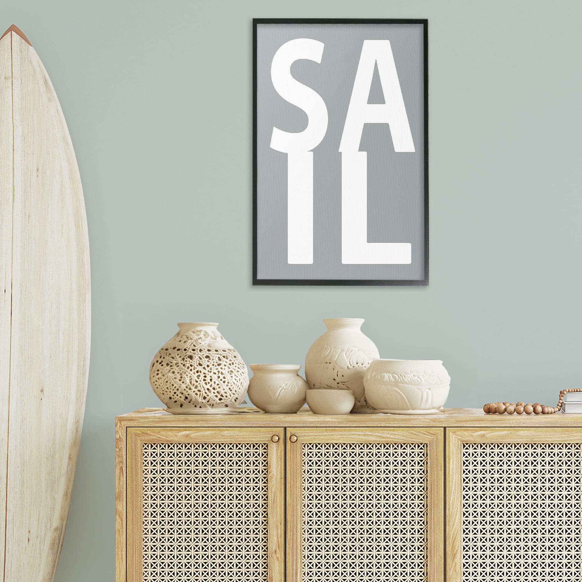 Stupell Industries Sail Word on Grey Typography Painting Black Framed Art Print Wall Art, 20 x 30