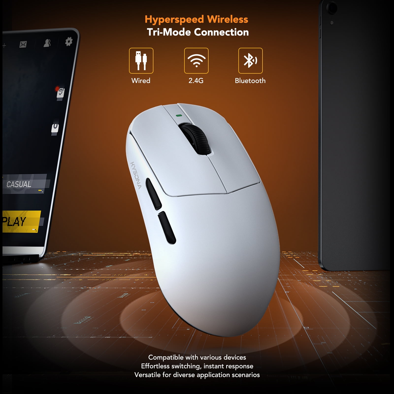 Mercury Wireless Gaming Mouse，41g Ultalight, PAW3395 Sensor, 8K Polling Rate,26000 DPI,5 Programmable Buttons Optical Mice for PC/MAC/Laptop,White
