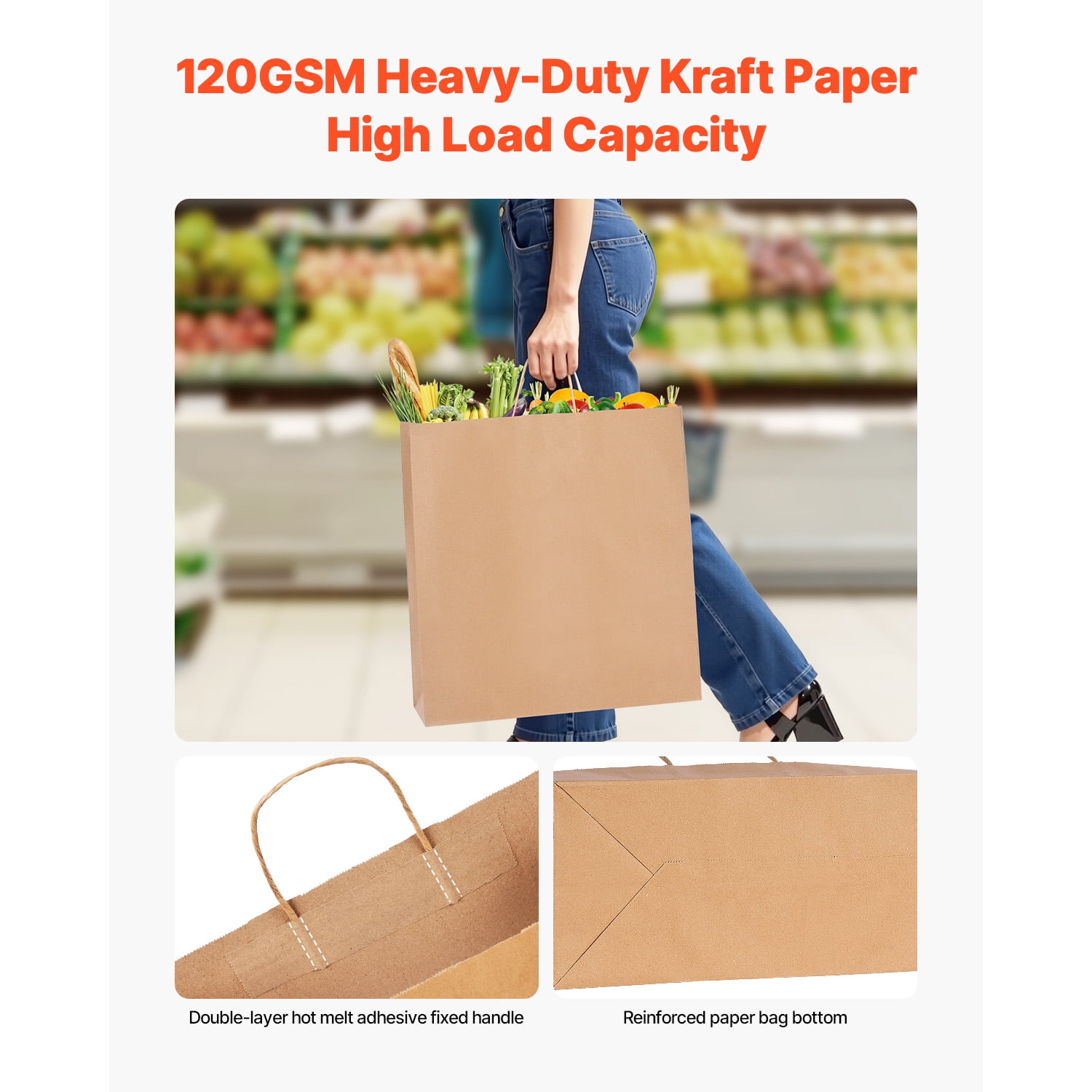 KFFKFF Large Kraft Paper Bags with Handles, 100-Pack, 18 x 7 x 19 Inches, Durable Recycled Grocery Bags for Parties, Events, Business, and More, Brown