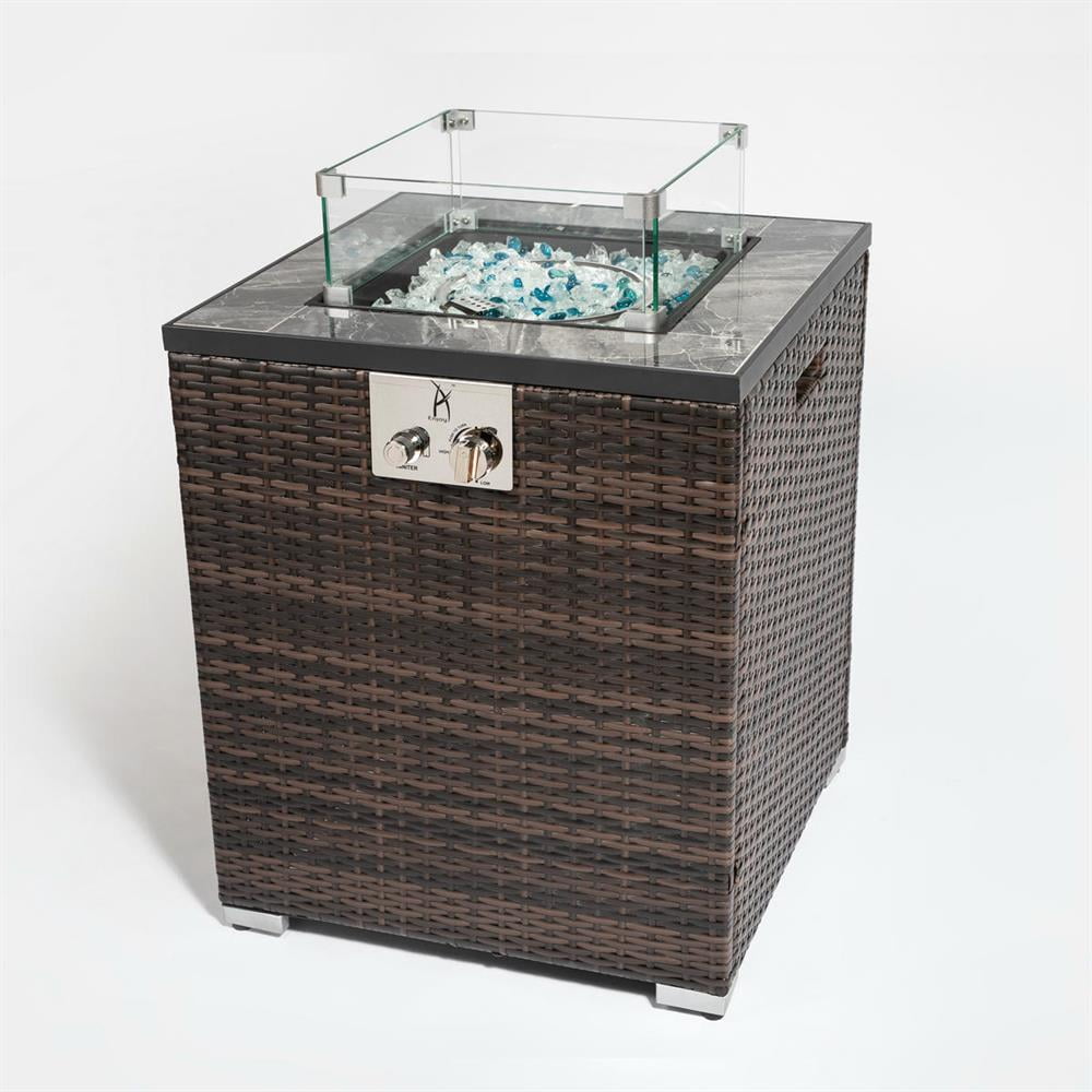 Topcobe Propane Gas Fire Pit Table - Outdoor Patio Decor, Square Fireplace with Tile Top & Wicker Base, Espresso Color 50000 BTU Powerful Heat